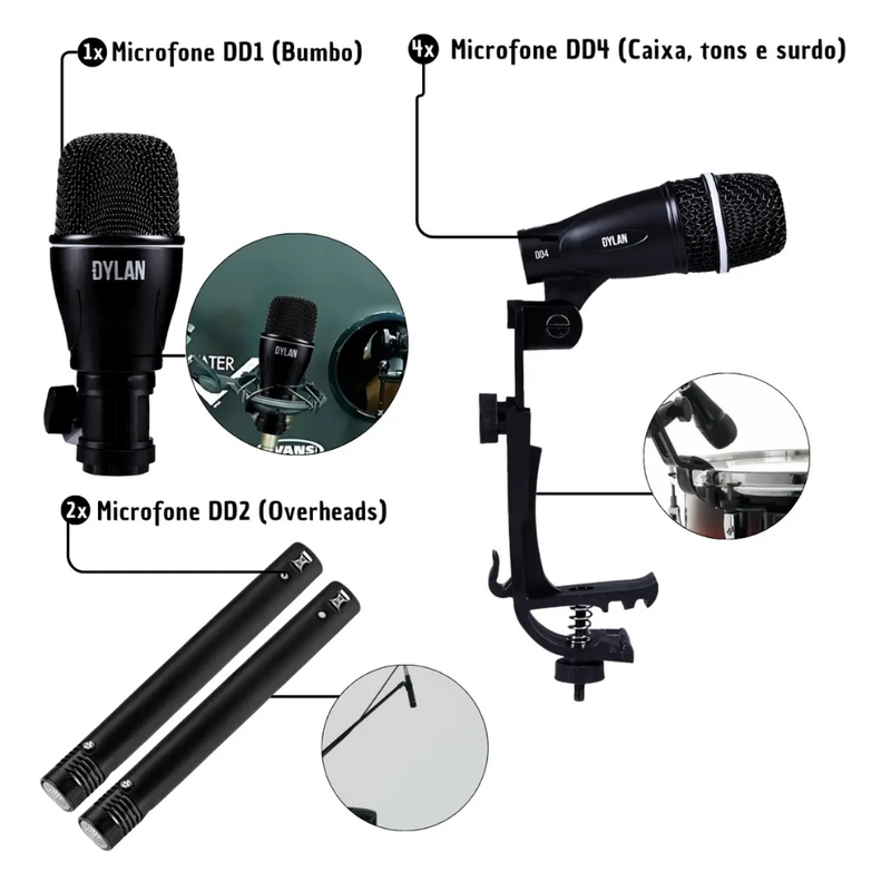 KIT MICROFONE PARA BATERIA 7 PEÇAS DYLAN DD7