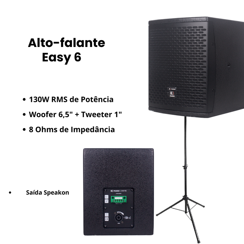 Sistema de Som K-Audio Easy-612 + 2× Satélite Easy-6 – Subwoofer Ativo com 700 W RMS + Caixas Satélite