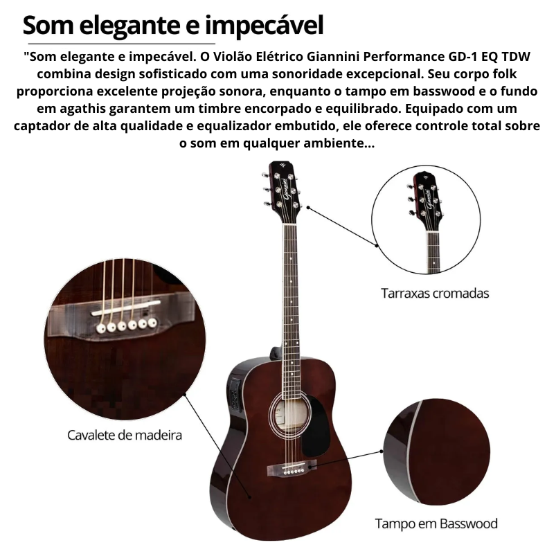 VIOLÃO AÇO ELETRICO FOLK FULL COR DARK WINE GIANNINI GD1
