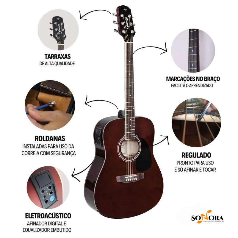 VIOLÃO AÇO ELETRICO FOLK FULL COR DARK WINE GIANNINI GD1